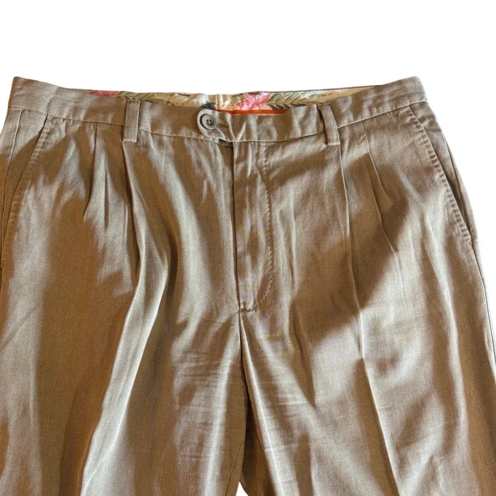 Tommy Bahama Silk Cotton Pleated Dress Pants Tan Khaki 38x34 Straight Leg